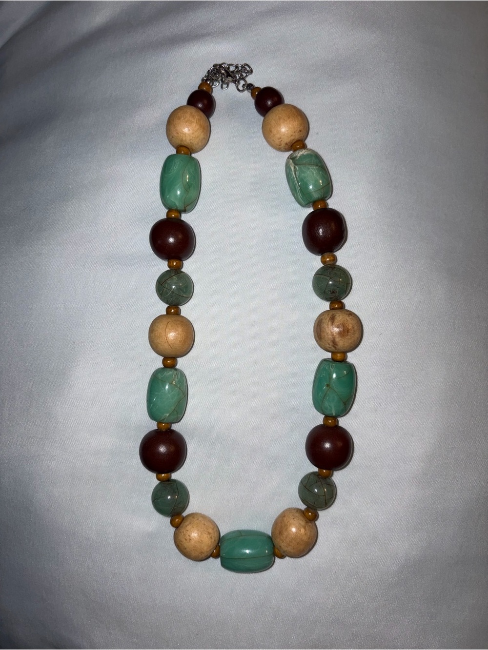 Chunky Beaded Statement Necklace Green Brown Tan Wood Style Boho Statement